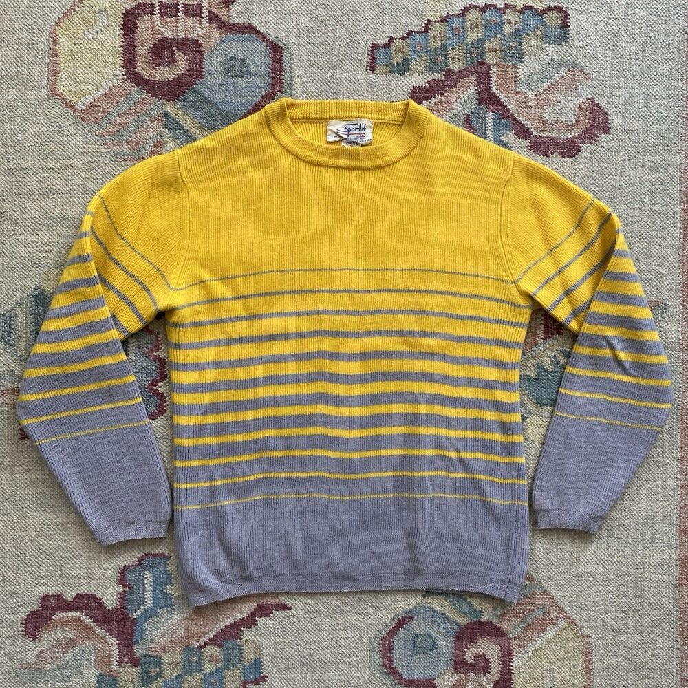 70s Sportif Wool Ski Sweater Large Yellow Gray Gradient Stripe Vintage Disco